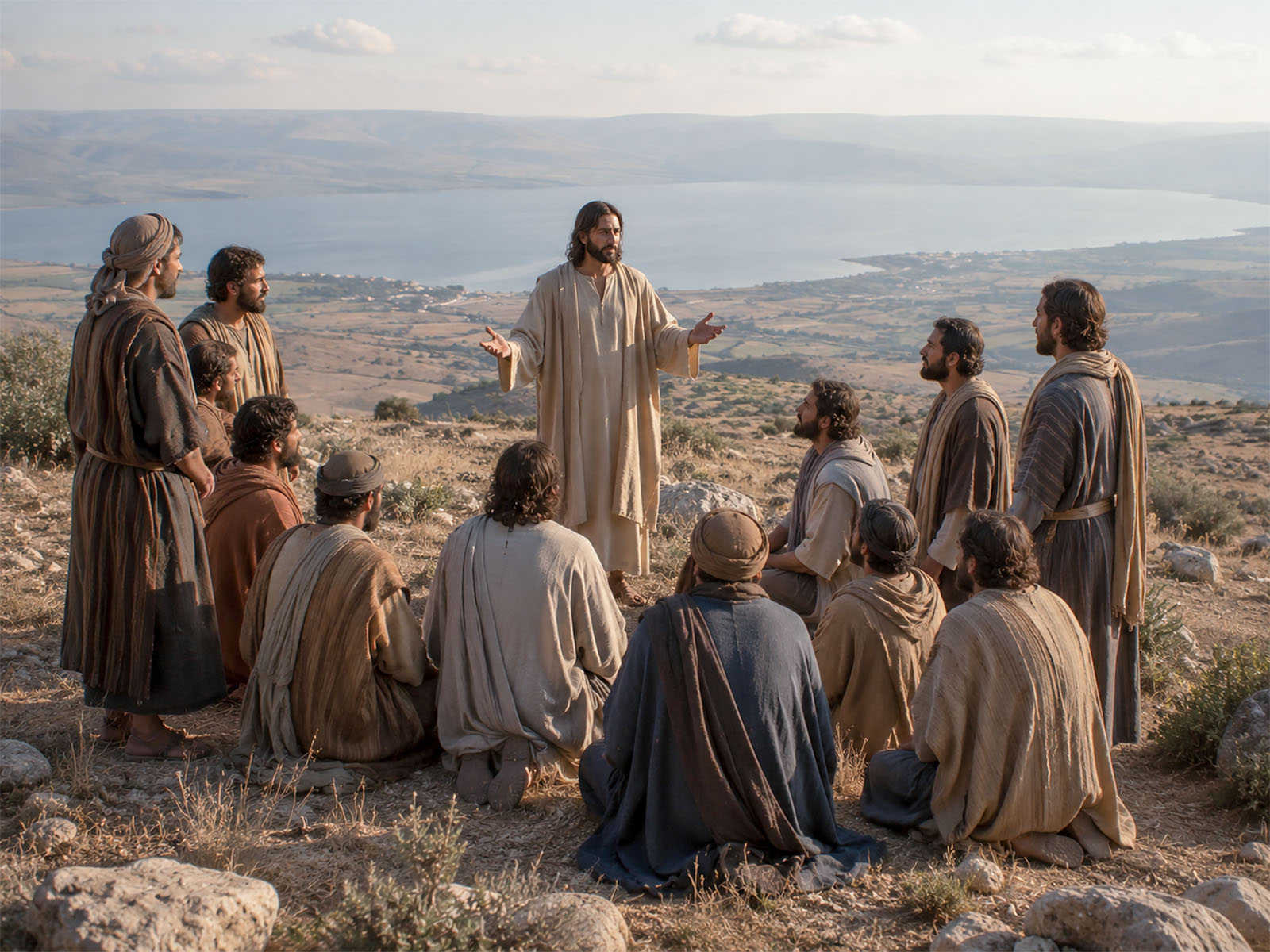 Jesus speaking to 11 disciples in Galilee